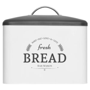extra large white farmhouse bread box for kitchen countertop - breadbox holder fits 2+ loaves - bread storage container bin - rustic bread keeper vintage metal kitchen decor for counter (grey lid)