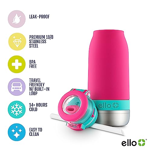 Ello Emma Vacuum Insulated Stainless Steel Water Bottle with Locking Leak Proof Lid and Soft Straw, BPA Free, Tropical Pink, 14oz