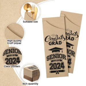 Ireer 100 Pcs Class of 2024 Graduation Paper Silverware Bags Utensil Holder for Graduation Party Supplies Pocket Sleeves for College Senior High School Congrats Grad Table Centerpiece Decor (Brown)