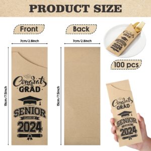 Ireer 100 Pcs Class of 2024 Graduation Paper Silverware Bags Utensil Holder for Graduation Party Supplies Pocket Sleeves for College Senior High School Congrats Grad Table Centerpiece Decor (Brown)