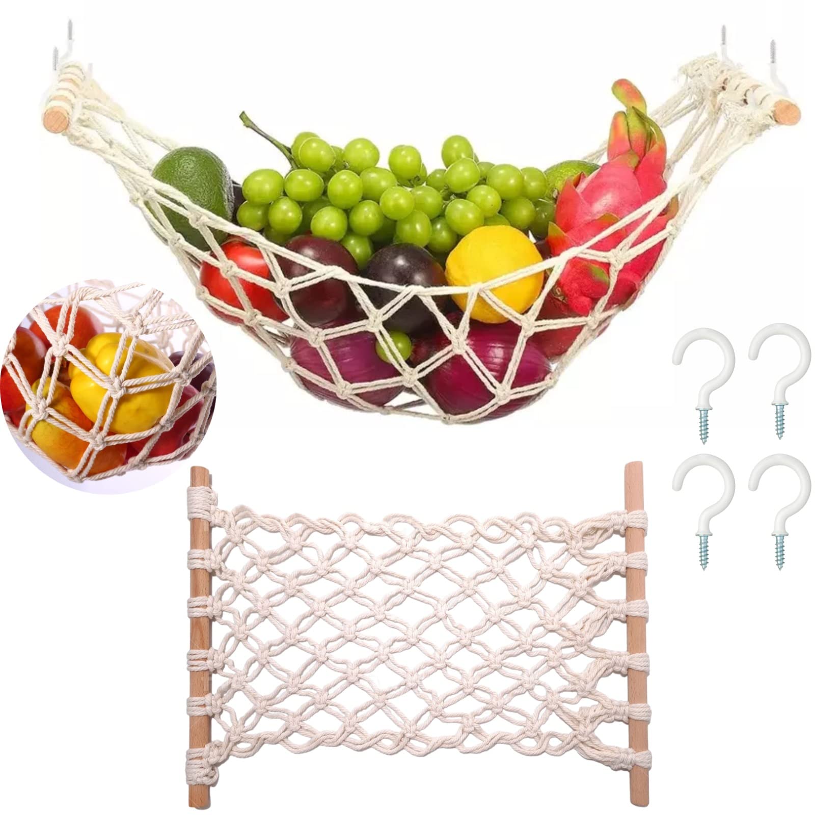 Zarami Fruit Hammock for Kitchen Under Cabinet-Macramé Fruit Hammock Basket for Bananas with 4 Hooks for Kitchen, Hanging Banana Hammock Fruit Holder, Produce Hammock, RV Fruit hammock