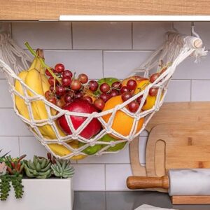 Zarami Fruit Hammock for Kitchen Under Cabinet-Macramé Fruit Hammock Basket for Bananas with 4 Hooks for Kitchen, Hanging Banana Hammock Fruit Holder, Produce Hammock, RV Fruit hammock