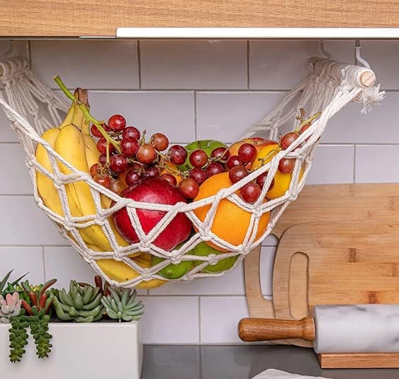 Zarami Fruit Hammock for Kitchen Under Cabinet-Macramé Fruit Hammock Basket for Bananas with 4 Hooks for Kitchen, Hanging Banana Hammock Fruit Holder, Produce Hammock, RV Fruit hammock