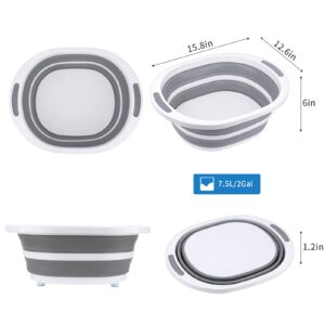 Collapsible Dishpan 7.5L Plastic Sink Dish Basin Cutting Board Foldable Food Tub for BBQ Picnic Camping Portable Washing Dishes Basket Space Saving Gray