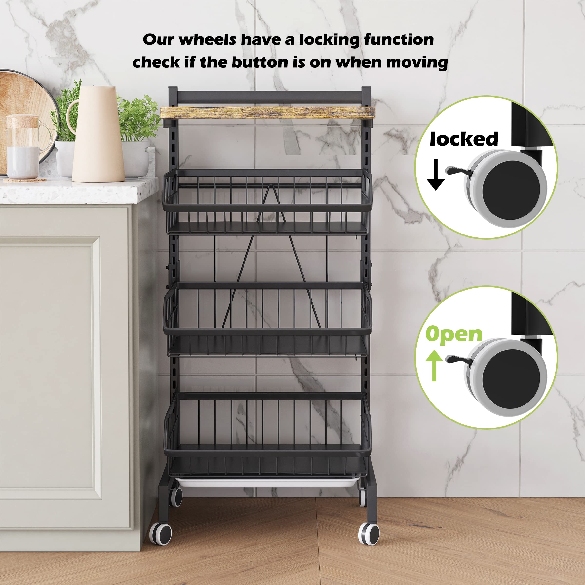 COVAODQ Fruit Basket 4-Tier Adjustable Fruit Vegetable Basket Cart Metal Wire Storage Cart Rolling Pantry Utility Kitchen Cart