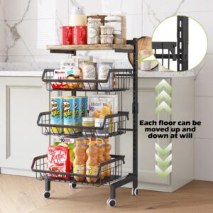 COVAODQ Fruit Basket 4-Tier Adjustable Fruit Vegetable Basket Cart Metal Wire Storage Cart Rolling Pantry Utility Kitchen Cart