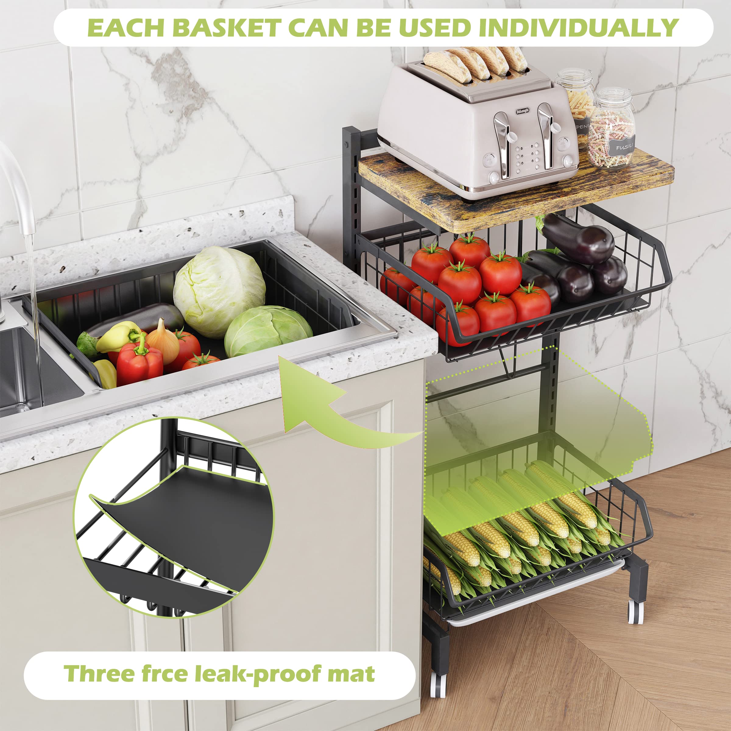 COVAODQ Fruit Basket 4-Tier Adjustable Fruit Vegetable Basket Cart Metal Wire Storage Cart Rolling Pantry Utility Kitchen Cart