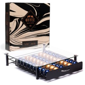 peak coffee nespresso vertuo capsules holder - drawer tray for 45 vertuoline & bartesian capsules - tempered glass - capsule storage - designed for nespresso accessories - pods organizer