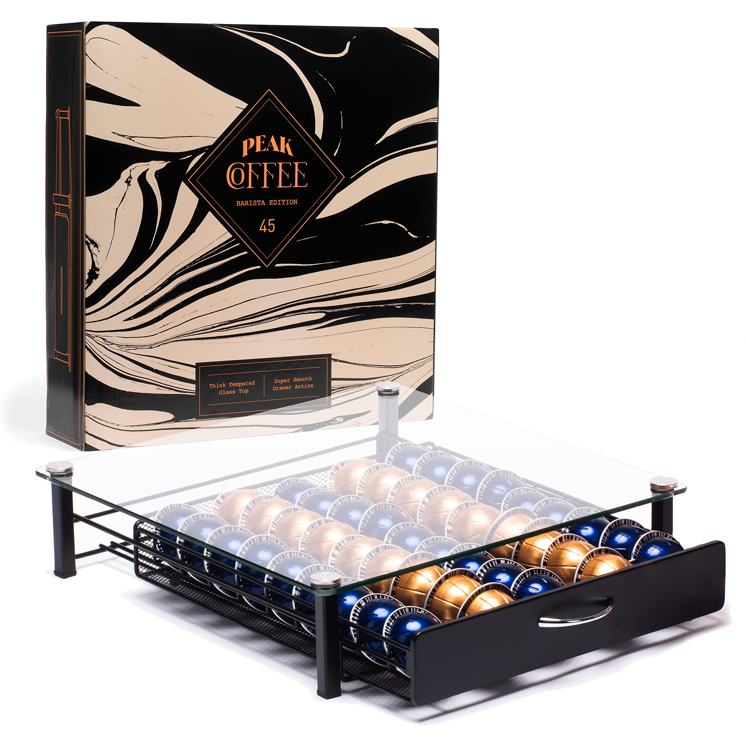 Peak Coffee Nespresso Vertuo Capsules Holder - Drawer Tray for 45 Vertuoline & Bartesian Capsules - Tempered Glass - Capsule Storage - Designed for Nespresso Accessories - Pods Organizer