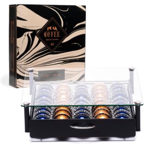 Peak Coffee Nespresso Vertuo Capsules Holder - Drawer Tray for 45 Vertuoline & Bartesian Capsules - Tempered Glass - Capsule Storage - Designed for Nespresso Accessories - Pods Organizer