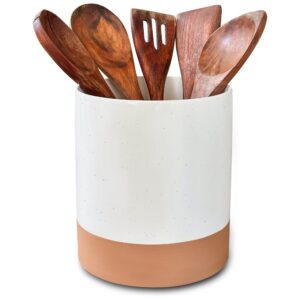 mora ceramic kitchen utensil holder - wooden spoon & spatula crock for countertop, modern farmhouse home decor, extra large 7.3" cooking organizer for stove top and counter - heavy & sturdy - vanilla