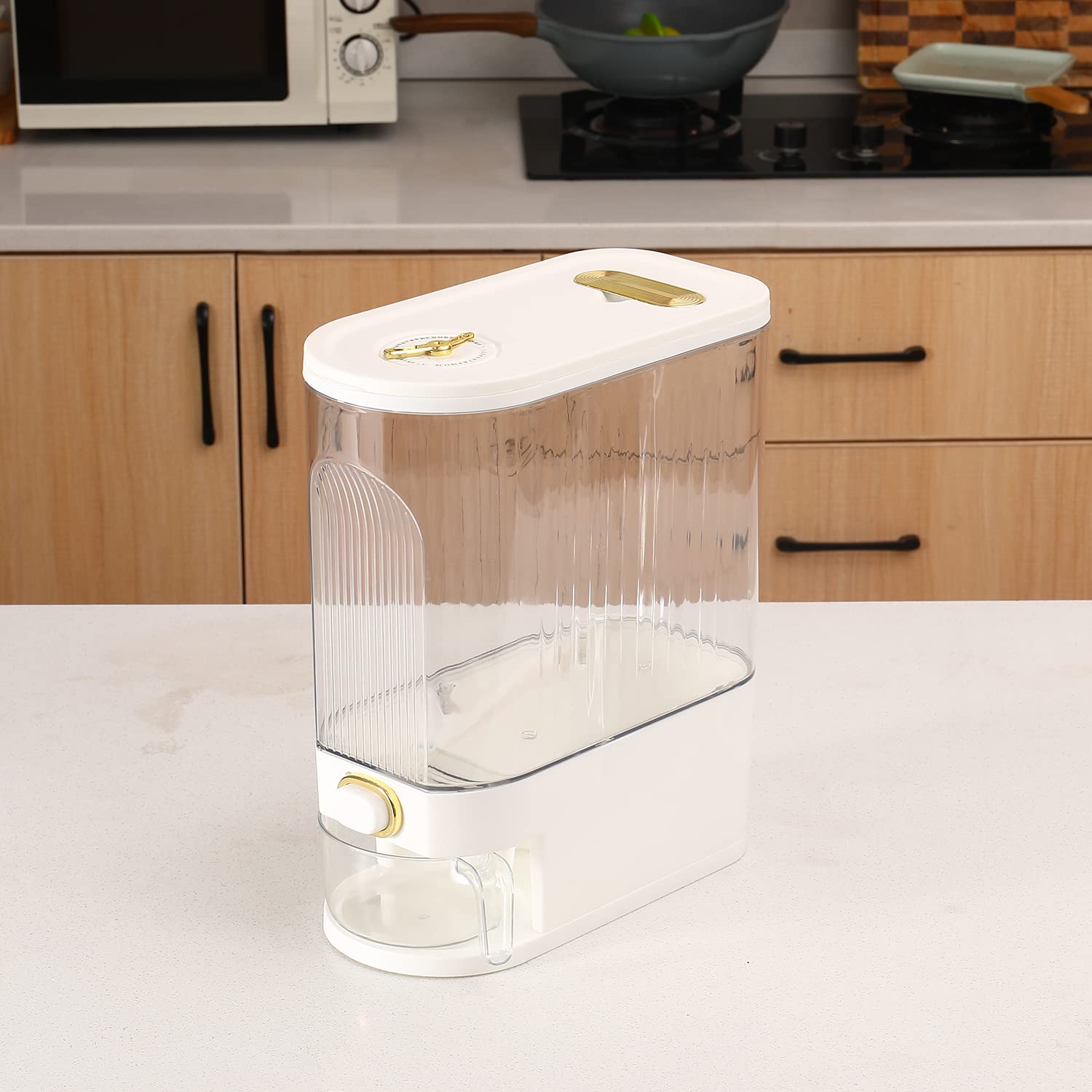 Sooyee Clear Rice Dispenser, Large Cereal Dispenser with Lid Time Scale, Measuring Cylinder Moisture Proof Airtight Food Dispenser Bucket for Rice, Corn,Coffee Bean,Grain,Soybean & Oatmeal
