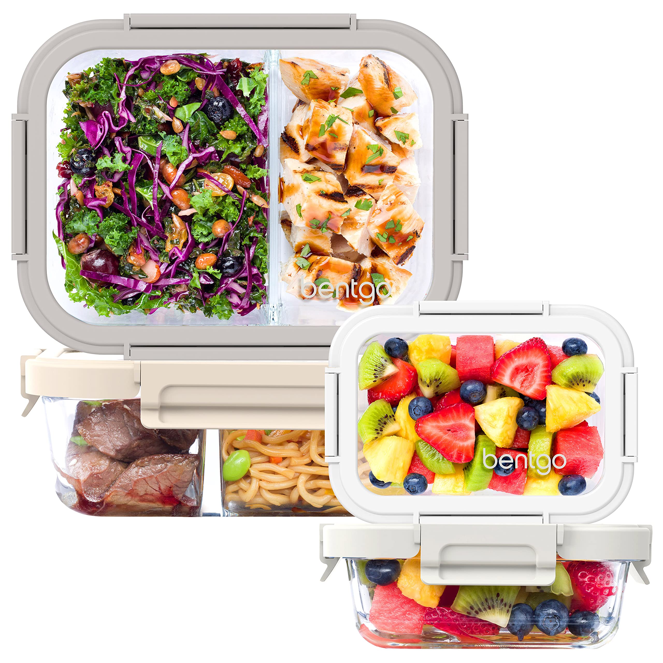 Bentgo® Glass Leak-Proof Meal Prep Set - 8-Piece Lunch & Snack 1 & 2-Compartment Glass Food Containers with Glass Lids - Reusable, BPA-Free, Microwave, Freezer, Oven & Dishwasher Safe (White Stone)