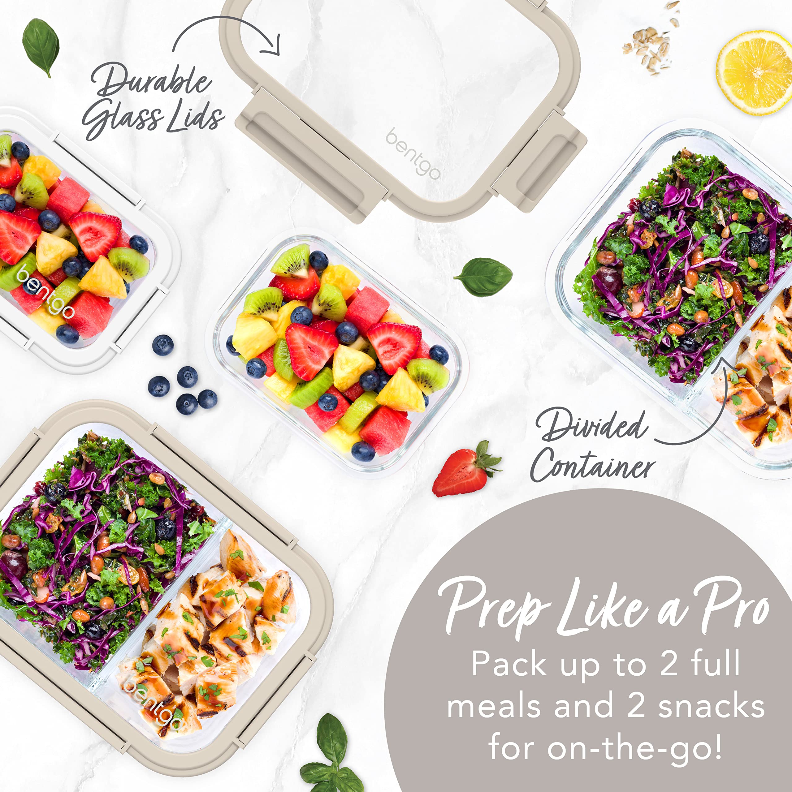 Bentgo® Glass Leak-Proof Meal Prep Set - 8-Piece Lunch & Snack 1 & 2-Compartment Glass Food Containers with Glass Lids - Reusable, BPA-Free, Microwave, Freezer, Oven & Dishwasher Safe (White Stone)