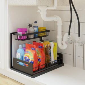 under sink organizer, pull out cabinet 2-tier sink organizer for small bathroom space for home, kitchen laundry room organization, bathroom sink shelf cabinet organizer, rust-resistant