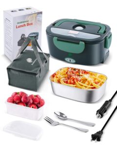 andmenow 80w faster electric lunch box, home office truck car food warmer, portable food heater with 304 stainless steel container, spoon & fork and carry bag (greygreen)