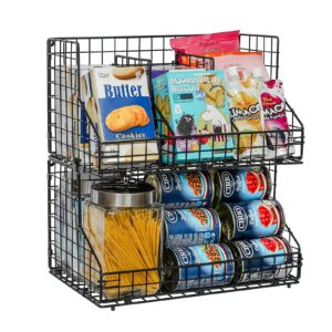 x-cosrack xxl stackable wire baskets for pantry organizers and storage, 2 pack snack organizer baskets with 4 removable dividers, metal pantry storage bins for snack canned spice food, black