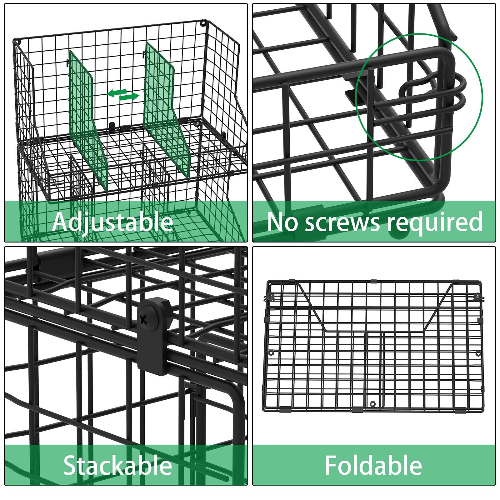 X-cosrack XXL Stackable Wire Baskets for Pantry Organizers and Storage, 2 Pack Snack Organizer Baskets with 4 Removable Dividers, Metal Pantry Storage Bins for Snack Canned Spice Food, Black