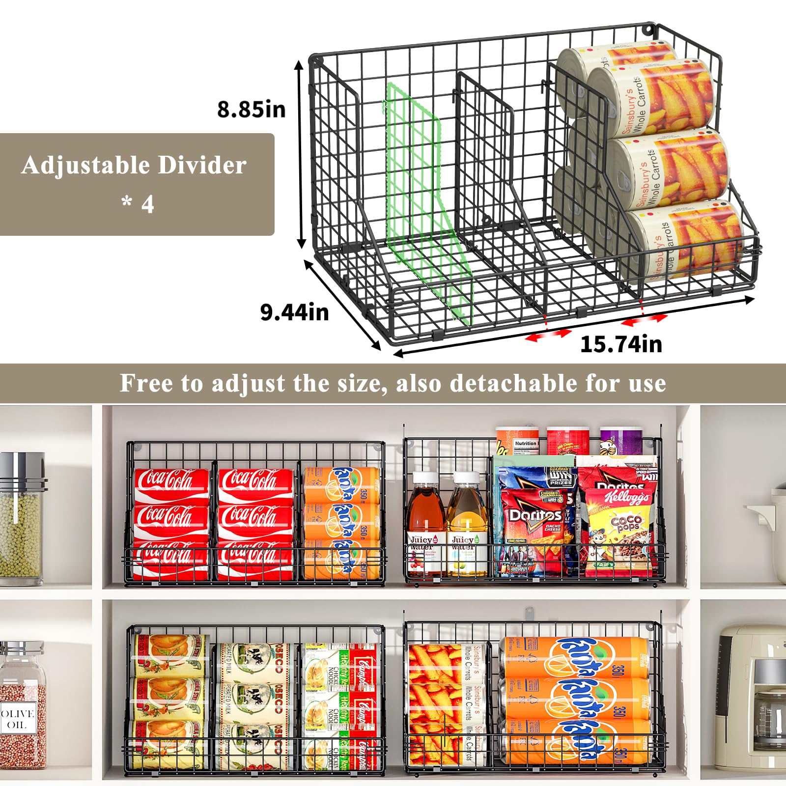 X-cosrack XXL Stackable Wire Baskets for Pantry Organizers and Storage, 2 Pack Snack Organizer Baskets with 4 Removable Dividers, Metal Pantry Storage Bins for Snack Canned Spice Food, Black