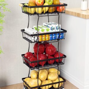 OKZEST Fruit Basket, 4-Tier Small Kitchen Organizer and Storage Cart on Wheels, Rolling Pantry Snack Cart with Handle for Storing Fruit, Potato, Onion, Snacks, Vegetables, Bread, Produce