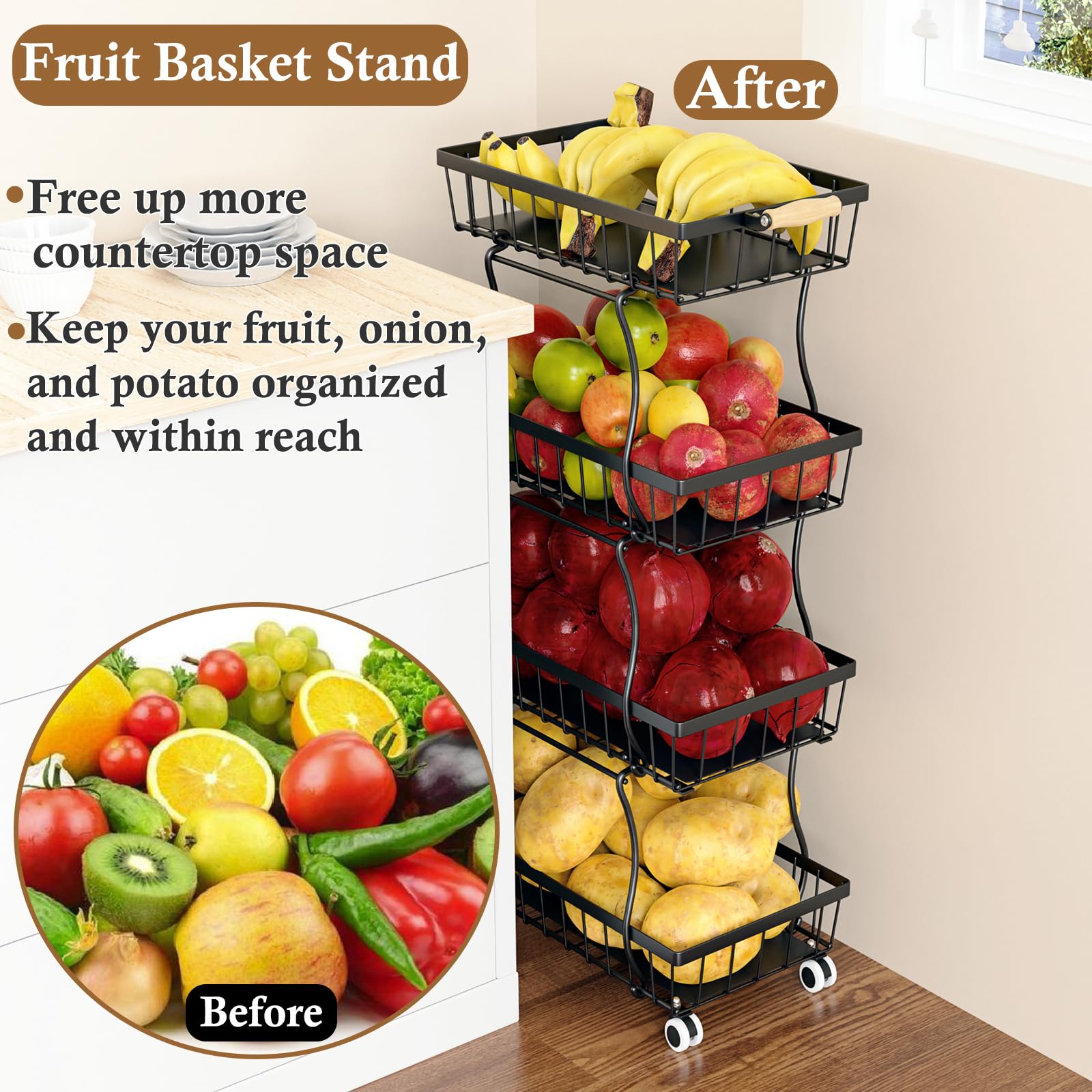 OKZEST Fruit Basket, 4-Tier Small Kitchen Organizer and Storage Cart on Wheels, Rolling Pantry Snack Cart with Handle for Storing Fruit, Potato, Onion, Snacks, Vegetables, Bread, Produce