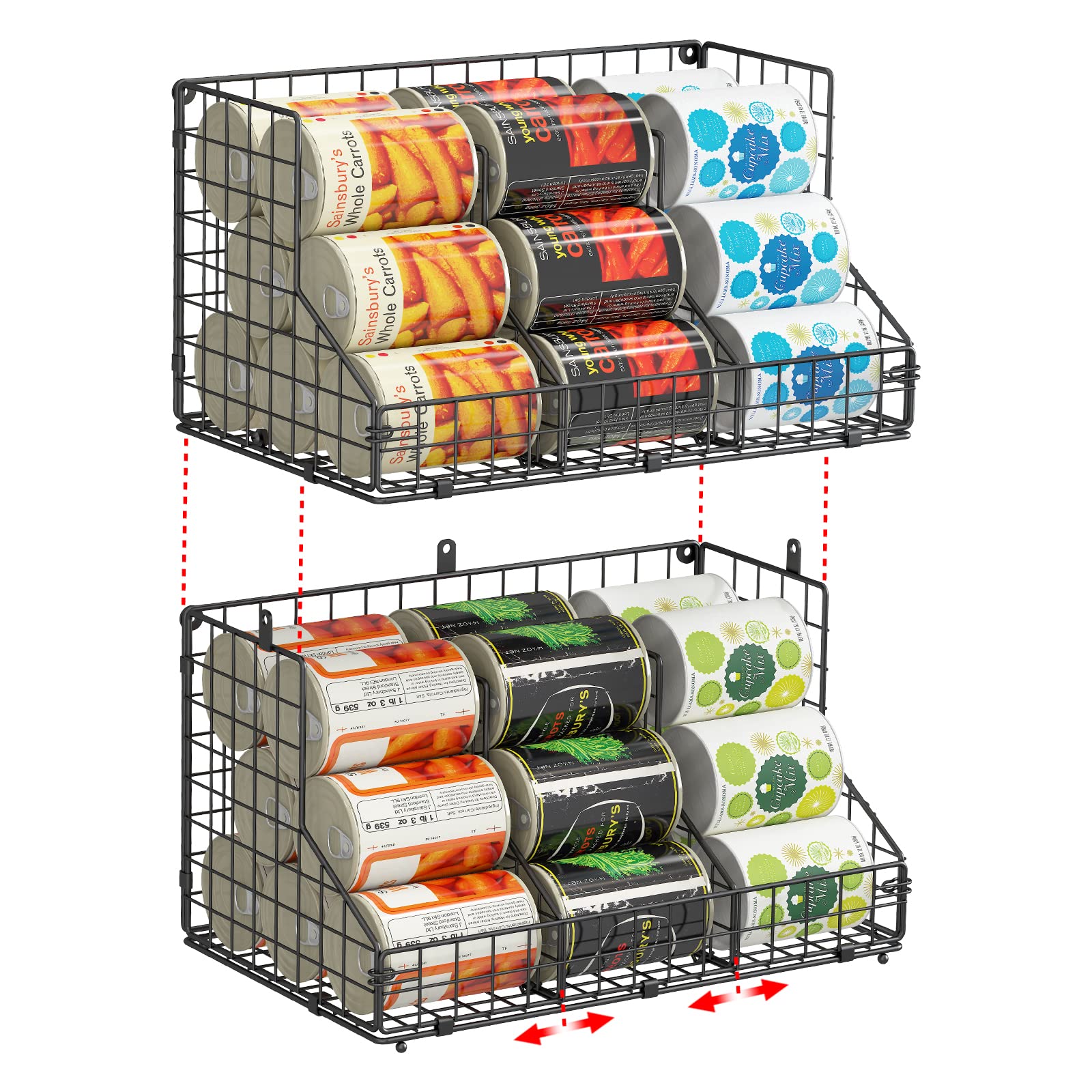 JKsmart Stackable Can Rack Organizer for Pantry Storage,Can Dispensers with 4 Adjustable Dividers, 2-Tier Metal Wire Basket Beverage Pop Soda Rack for Kitchen Cabinet Pantry, Black