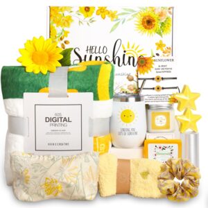 sunflower gifts for women, unique birthday gifts box get well soon self care gifts basket with blanket tumbler candle for daughter sister mom best friend, sending sunshine for her