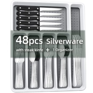 49-piece silverware set with organizer, cekee stainless steel flatware cutlery set service for 8, mirror polished kitchen utensils set with steak knives included spoons and forks set & tray