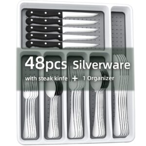 49-Piece Silverware Set with Organizer, CEKEE Stainless Steel Flatware Cutlery Set Service for 8, Mirror Polished Kitchen Utensils Set with Steak Knives Included Spoons and Forks Set & Tray