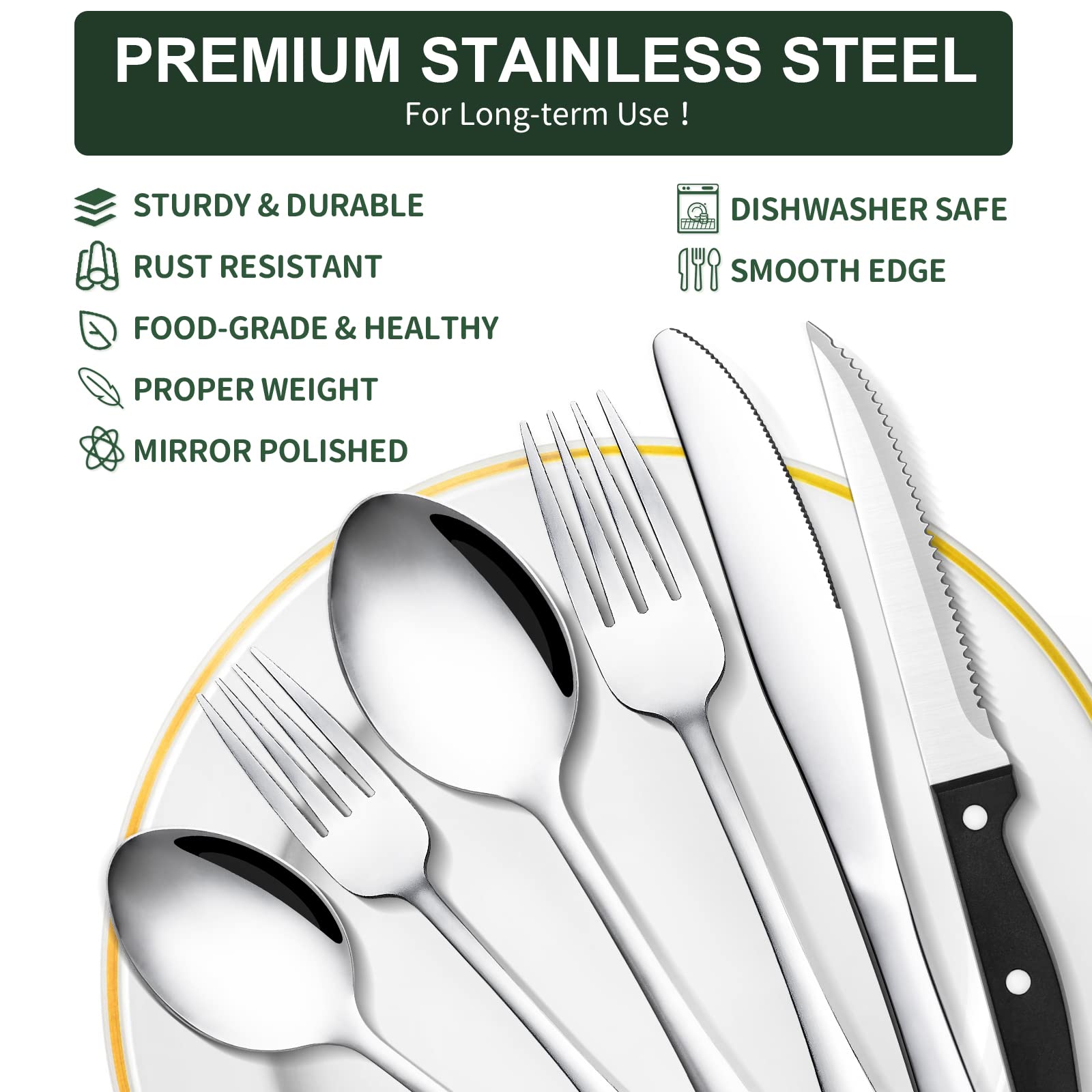 49-Piece Silverware Set with Organizer, CEKEE Stainless Steel Flatware Cutlery Set Service for 8, Mirror Polished Kitchen Utensils Set with Steak Knives Included Spoons and Forks Set & Tray