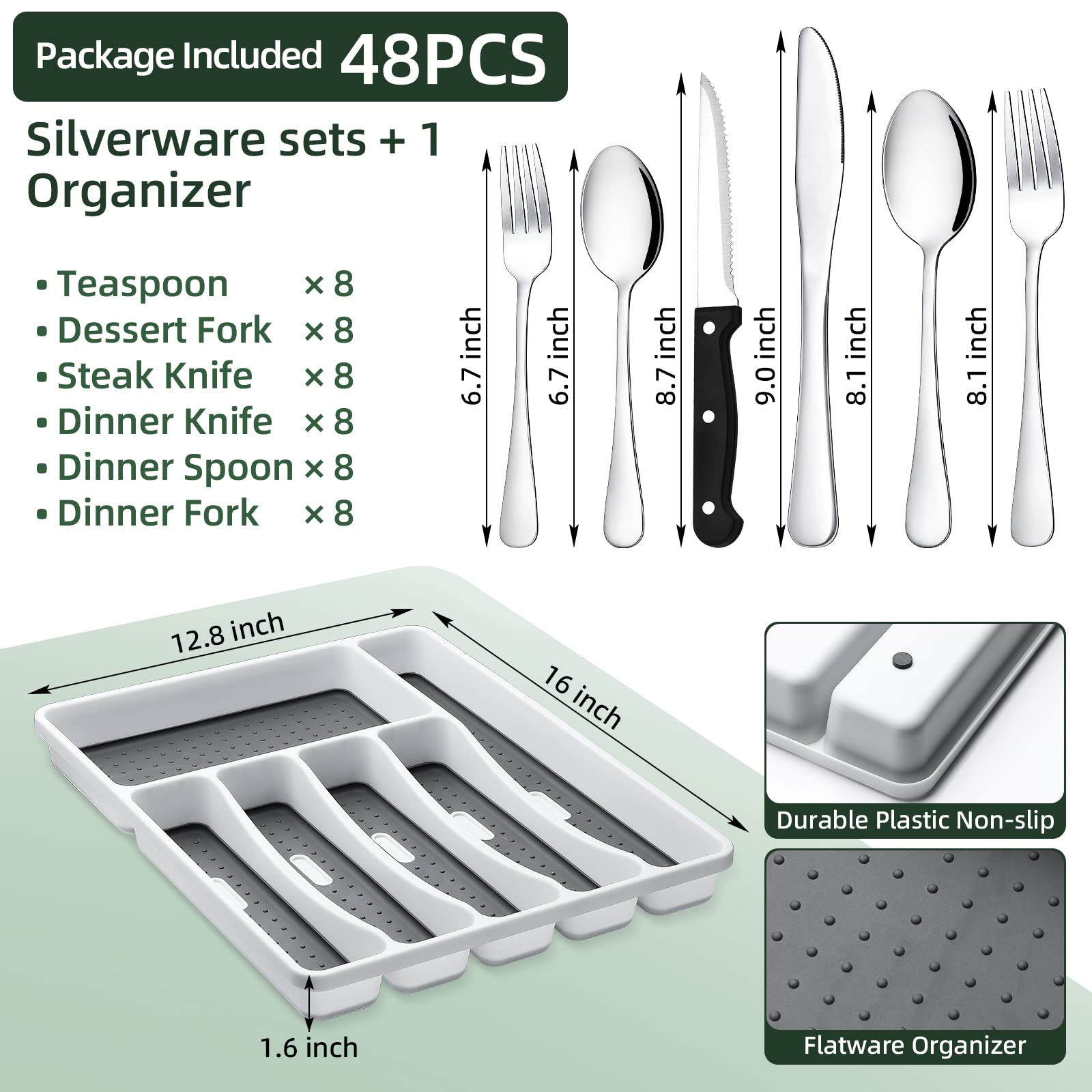 49-Piece Silverware Set with Organizer, CEKEE Stainless Steel Flatware Cutlery Set Service for 8, Mirror Polished Kitchen Utensils Set with Steak Knives Included Spoons and Forks Set & Tray