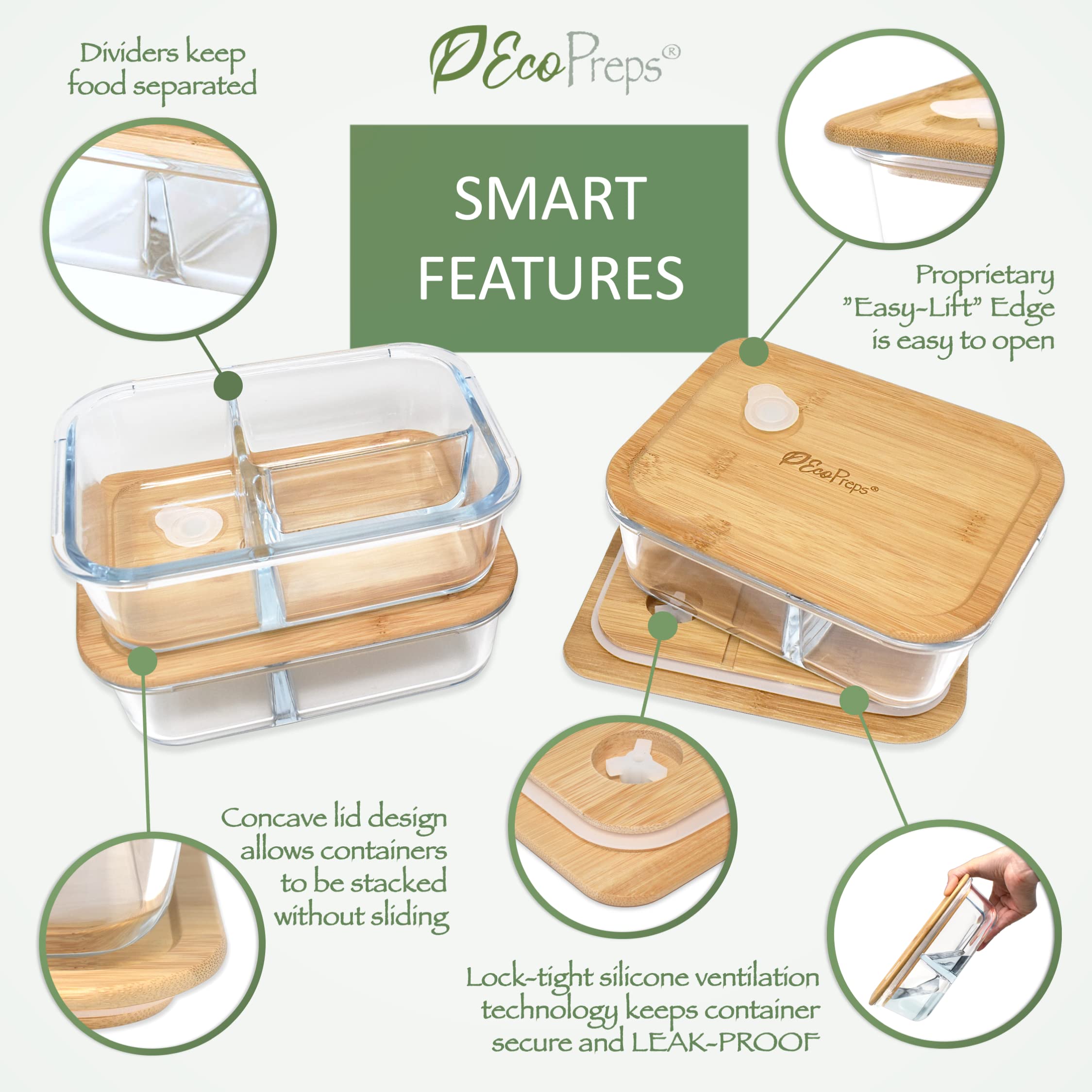 EcoPreps Glass Bento Box Containers with Bamboo Lids, 3 Compartment Glass Meal Prep Containers [3 Pack] - 100% Plastic Free, Eco-Friendly Glass Lunch Containers, Bamboo Glass Bento Boxes for Adults