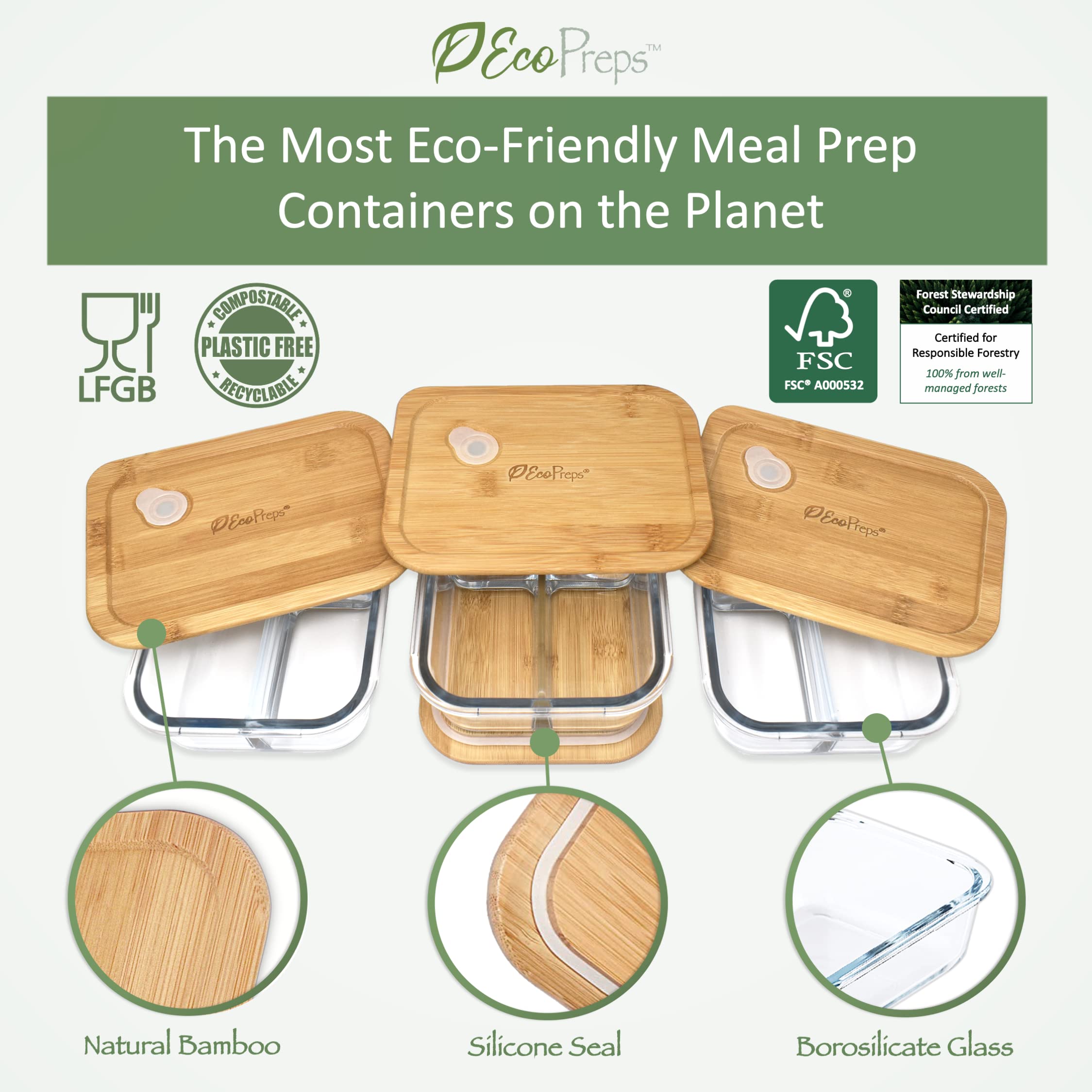 EcoPreps Glass Bento Box Containers with Bamboo Lids, 3 Compartment Glass Meal Prep Containers [3 Pack] - 100% Plastic Free, Eco-Friendly Glass Lunch Containers, Bamboo Glass Bento Boxes for Adults