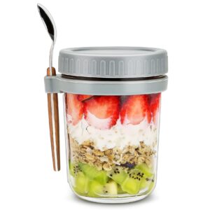 stoto overnight oats jars，vegetable and fruit salad storage，overnight oats container with lid and spoon (grey)