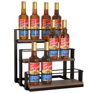 J JACKCUBE DESIGN Coffee Syrup Organizer Rack, Rustic Wood and Metal Wire, 3-Tier 12 Bottles Compartment Display Holder Coffee Station Bar Accessory for Syrup, Wine, Dressing(Black) - MK815A