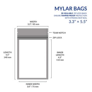 Mylar Bags with Ziplock 3.3 x 5.5” | 100 Bags | Sealable Heat Seal Bags for Candy and Food Packaging, Medications and Vitamins | Plastic and Aluminum Foil Packets for Liquid and Solids