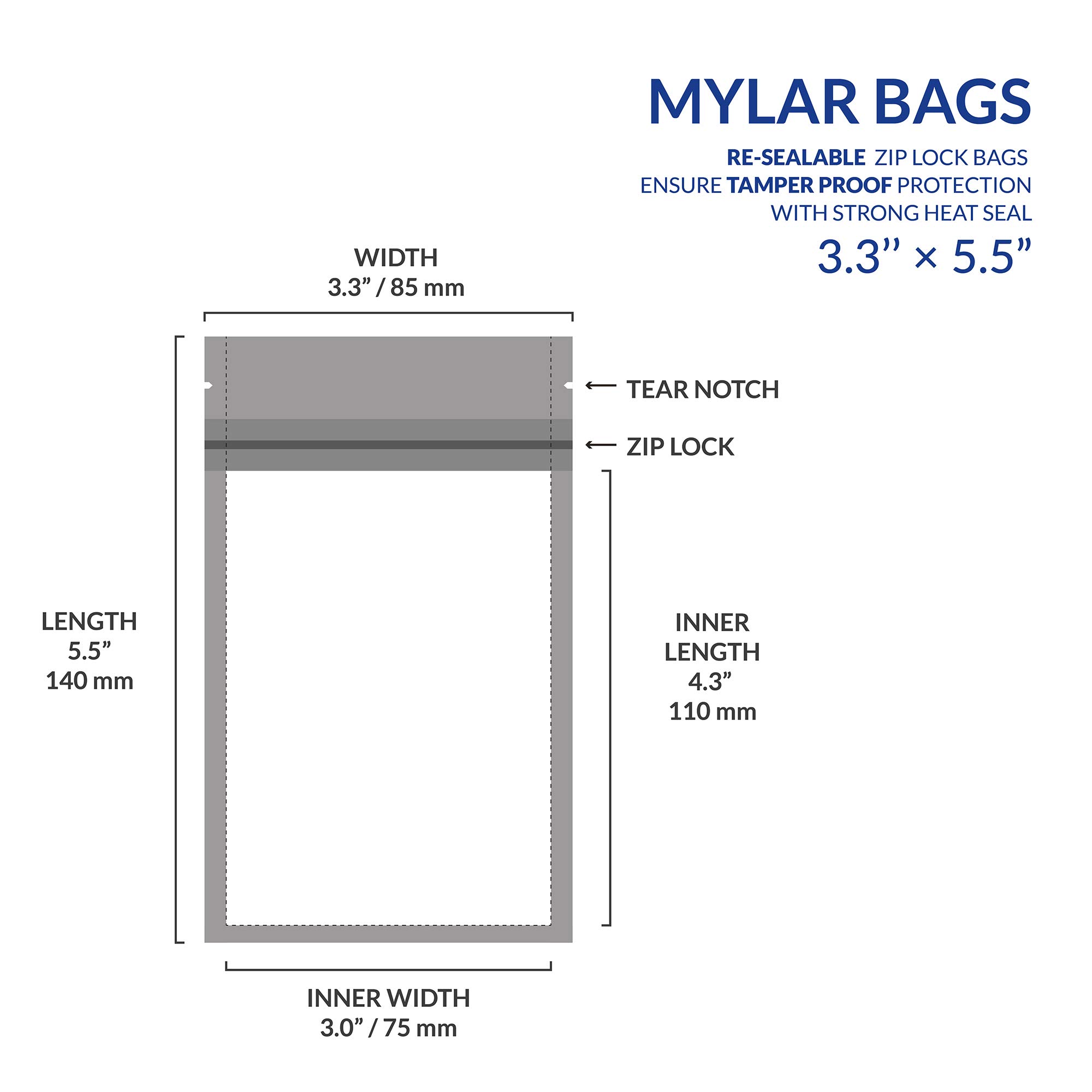 Mylar Bags with Ziplock 3.3 x 5.5” | 100 Bags | Sealable Heat Seal Bags for Candy and Food Packaging, Medications and Vitamins | Plastic and Aluminum Foil Packets for Liquid and Solids