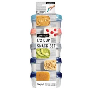 fit & fresh cup snack set, set of 5 reusable portion control containers, bpa-free, microwave/dishwasher safe, multicolored lids, 9.5" x 4.25" x 3.5", green