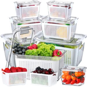 Zopeal 6 Pack Fruit Storage Containers for Fridge Produce Saver Containers for Refrigerator Fruit Containers for Fridge Keep Fresh with Lids Colander and Dividers for Salad Berry Vegetable (White)