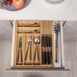 TIOPGHAD Bamboo-Silverware-Drawer-Organizer-Kitchen, Expandable Utensil Holder Cutlery Tray Flatware Organization Adjustable Wood Tableware Dividers Storage (with Removable Knife Block)