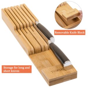 TIOPGHAD Bamboo-Silverware-Drawer-Organizer-Kitchen, Expandable Utensil Holder Cutlery Tray Flatware Organization Adjustable Wood Tableware Dividers Storage (with Removable Knife Block)