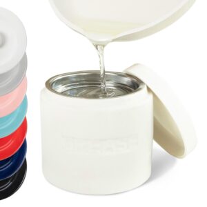 ceramic grease container keeper with metal stainless steel strainer and lip for easy pour (ivory)