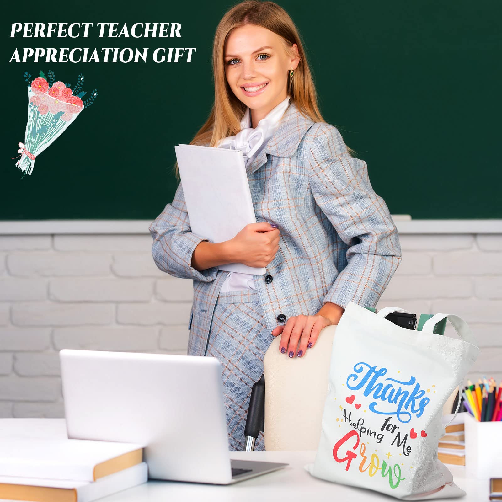 Kigeli 6 Pcs Teacher Canvas Tote Bags Bulk Teacher Appreciation Gifts in Bulk for Graduation Teachers Week Retirement(White)