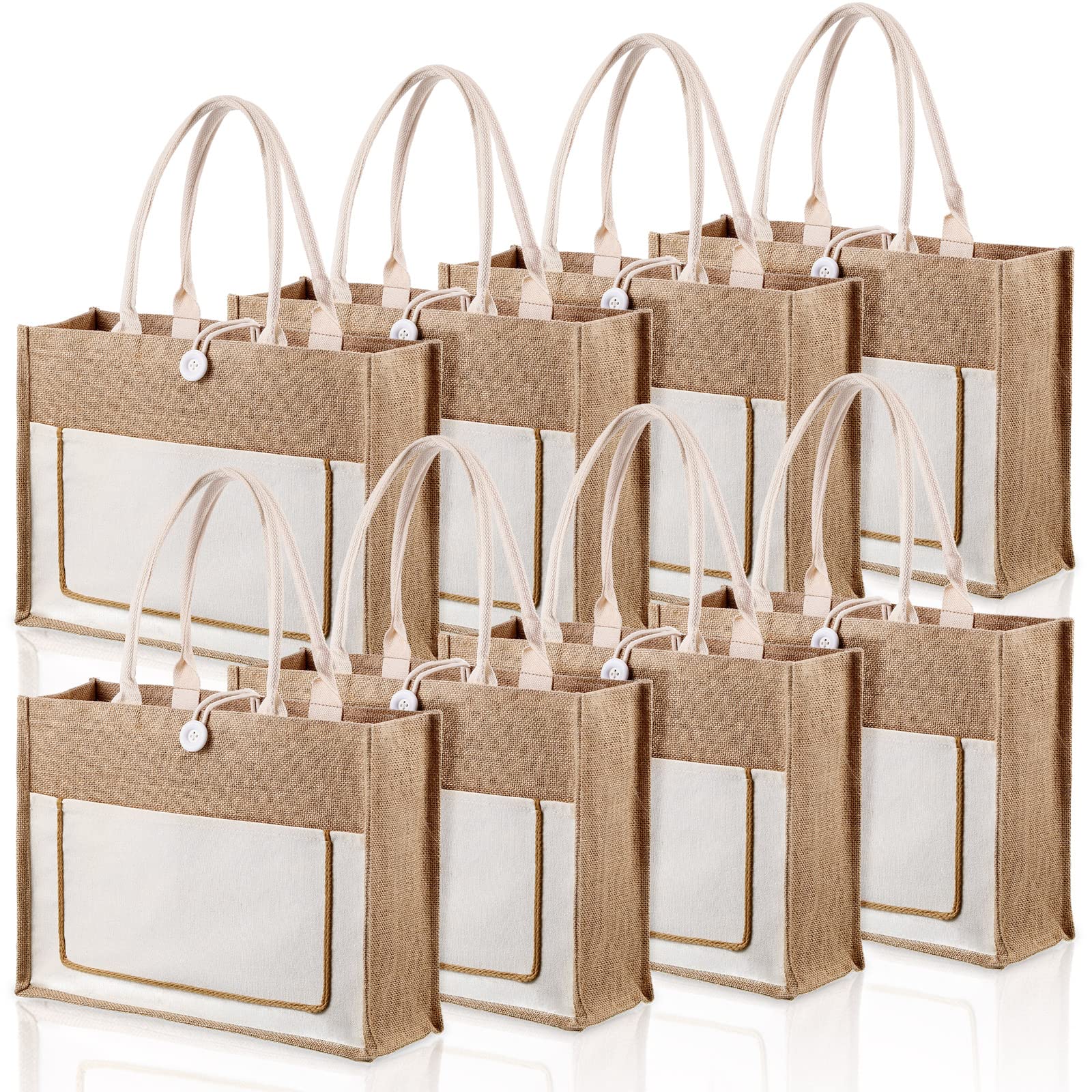 8 Pcs Burlap Tote Bags Bulk Jute Tote Bags with Handles Beach Bag Canvas Front Pocket Large Burlap Bags Set Reusable Grocery Bags Bridesmaid Tote Bags for Women Wedding Picnic Travel DIY Work