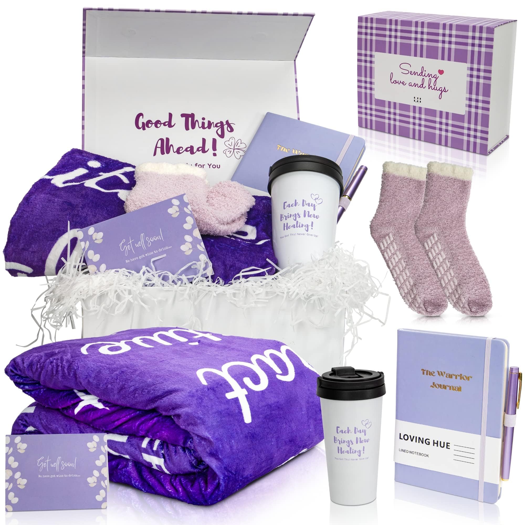 Loving Hue Chemo Care Package for Women, Cancer Care Packages for Women Purple, Gifts for Cancer Patients, Get Well Soon Gift Basket Includes Travel Mug, Healing Blanket 47”x71”