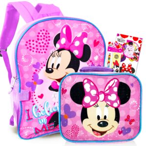 Disney Minnie Mouse Backpack with Lunch Box for Girls 5 Pc Bundle ~ Deluxe 16" Minnie Bag, Insulated Lunch Bag, Stickers, and More (Minnie Mouse School Supplies) (Minnie Mouse Pink)