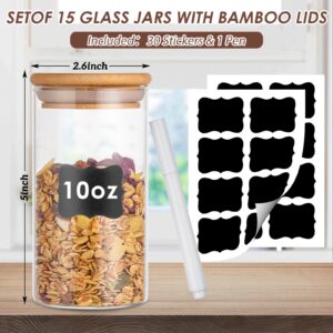 Claplante 10oz Glass Storage Jars with Bamboo Airtight Lids, Set of 15 Small Glass Canisters, Glass Food Storage Container, Airtight Pantry Organization, Kitchen Canisters Set for Kitchen Food Storage