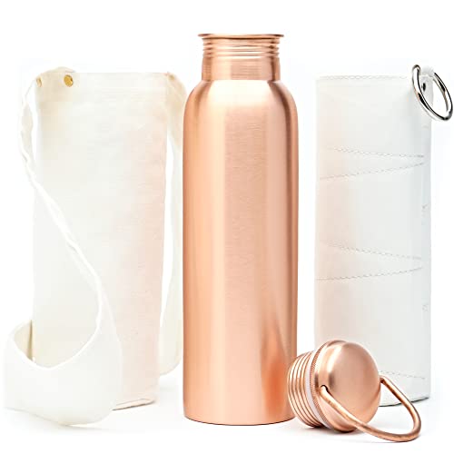 Kitchen Science Copper Water Bottle (34 Oz /1000 ml) with Carrying Canvas Bag & Sleeve| 100% Pure Copper Bottle for Drinking Water | Leak-Proof | Authentic Ayurvedic Copper Water Bottle