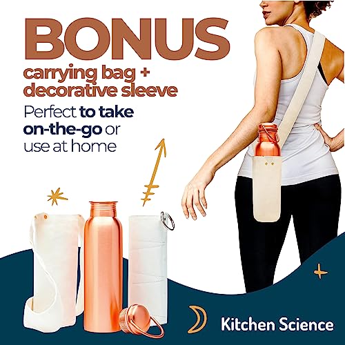 Kitchen Science Copper Water Bottle (34 Oz /1000 ml) with Carrying Canvas Bag & Sleeve| 100% Pure Copper Bottle for Drinking Water | Leak-Proof | Authentic Ayurvedic Copper Water Bottle