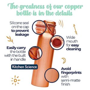 Kitchen Science Copper Water Bottle (34 Oz /1000 ml) with Carrying Canvas Bag & Sleeve| 100% Pure Copper Bottle for Drinking Water | Leak-Proof | Authentic Ayurvedic Copper Water Bottle